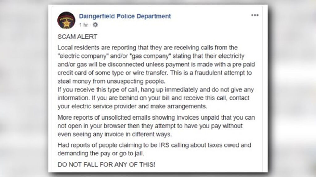 ETX Police Warning Locals About Scam Involving Calls From electric